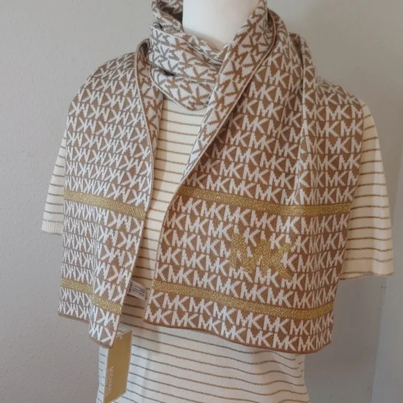 Michael Kors Signature Women's Knit Scarf in Tan & Cream Metallic Accents NWT - Picture 7 of 13